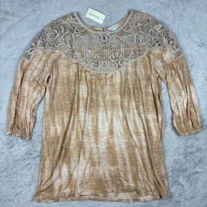 NEW Sundance Lace Crochet Top Tie Dye‎ 3/4 Sleeve Boho Artsy Spring Womens M